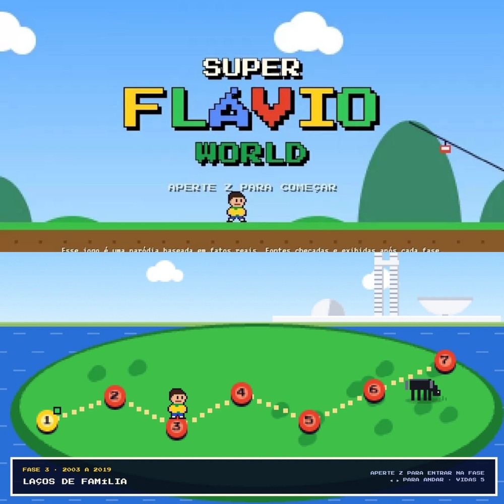 Super Flávio World transforma investigações e controvérsias envolvendo Flávio Bolsonaro em desafios de um jogo de plataforma — Foto: Reprodução/Super Flávio World